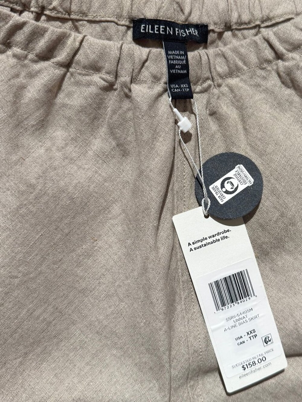 Eileen Fisher A Line Bias Cut Skirt Womens XXS Beige Khaki Tan 100%Organic Linen - Picture 6 of 9